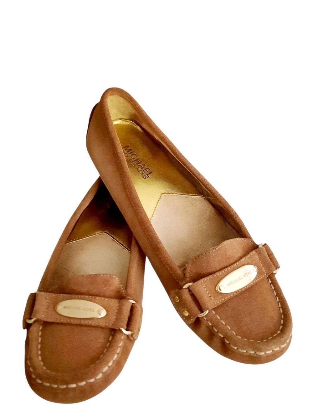 MICHAEL Michael Kors Cognac Suede Moccasin Loafers w/Gold Logo Metal Plaque 8.5